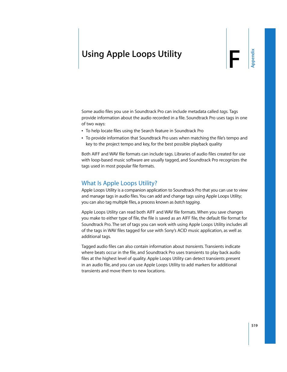 Using appleloopsutility, What is appleloopsutility, Appendix f | Using apple loops utility, What is apple loops utility | Apple Soundtrack Pro 2 User Manual | Page 519 / 566