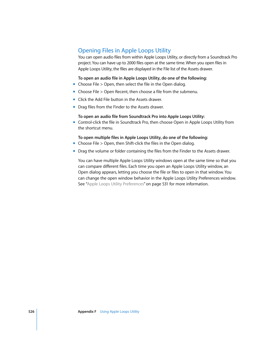 Opening files in appleloopsutility, Opening files in apple loops utility | Apple Soundtrack Pro 2 User Manual | Page 526 / 566