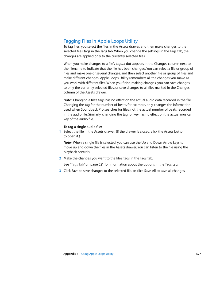 Tagging files in appleloopsutility, Tagging files in apple loops utility | Apple Soundtrack Pro 2 User Manual | Page 527 / 566