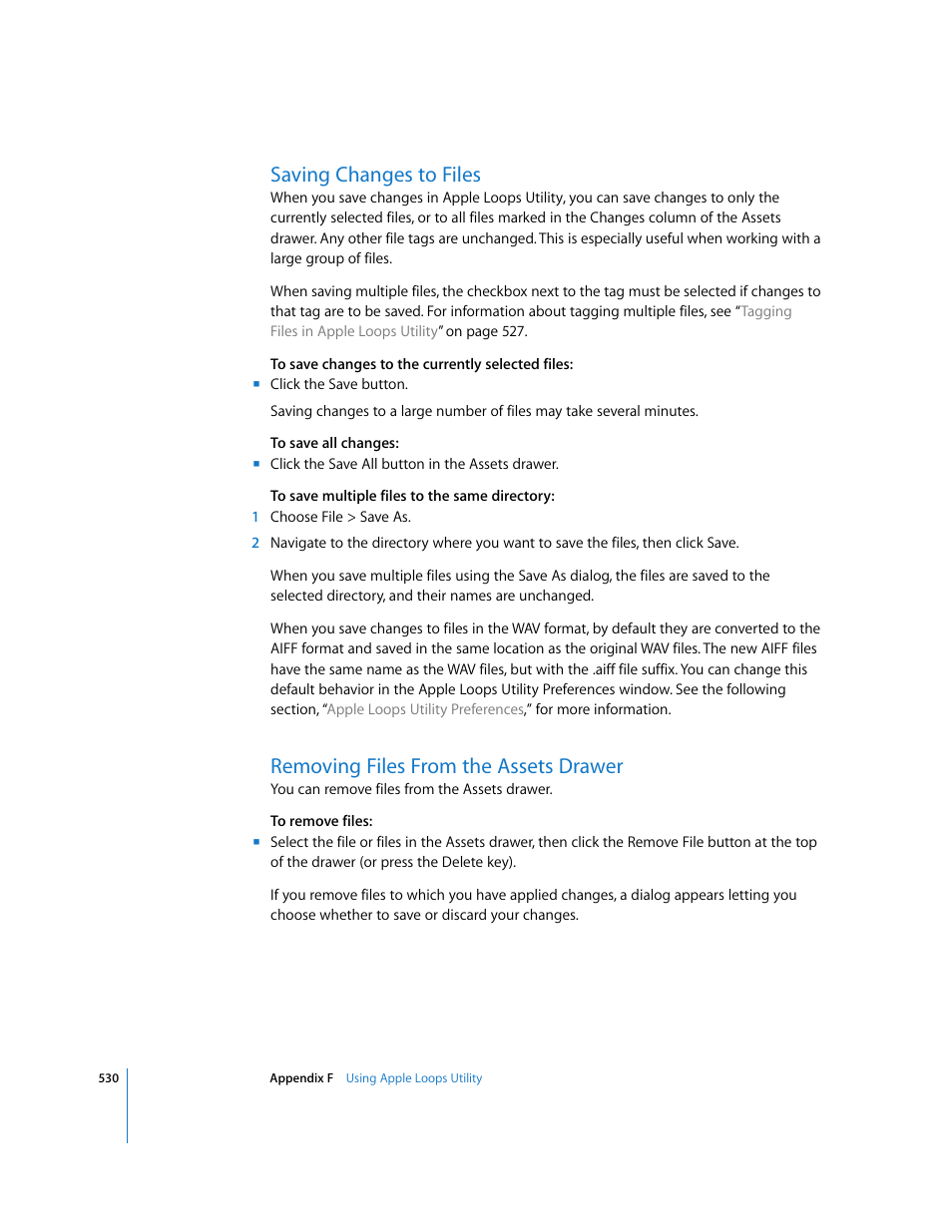 Saving changes to files, Removing files from the assets drawer | Apple Soundtrack Pro 2 User Manual | Page 530 / 566