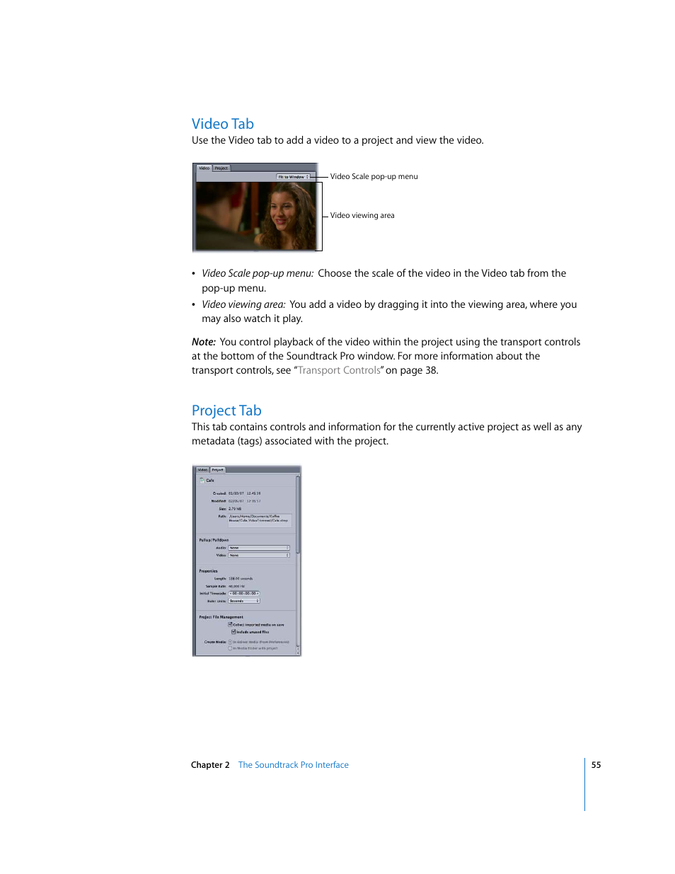 Video tab, Project tab | Apple Soundtrack Pro 2 User Manual | Page 55 / 566