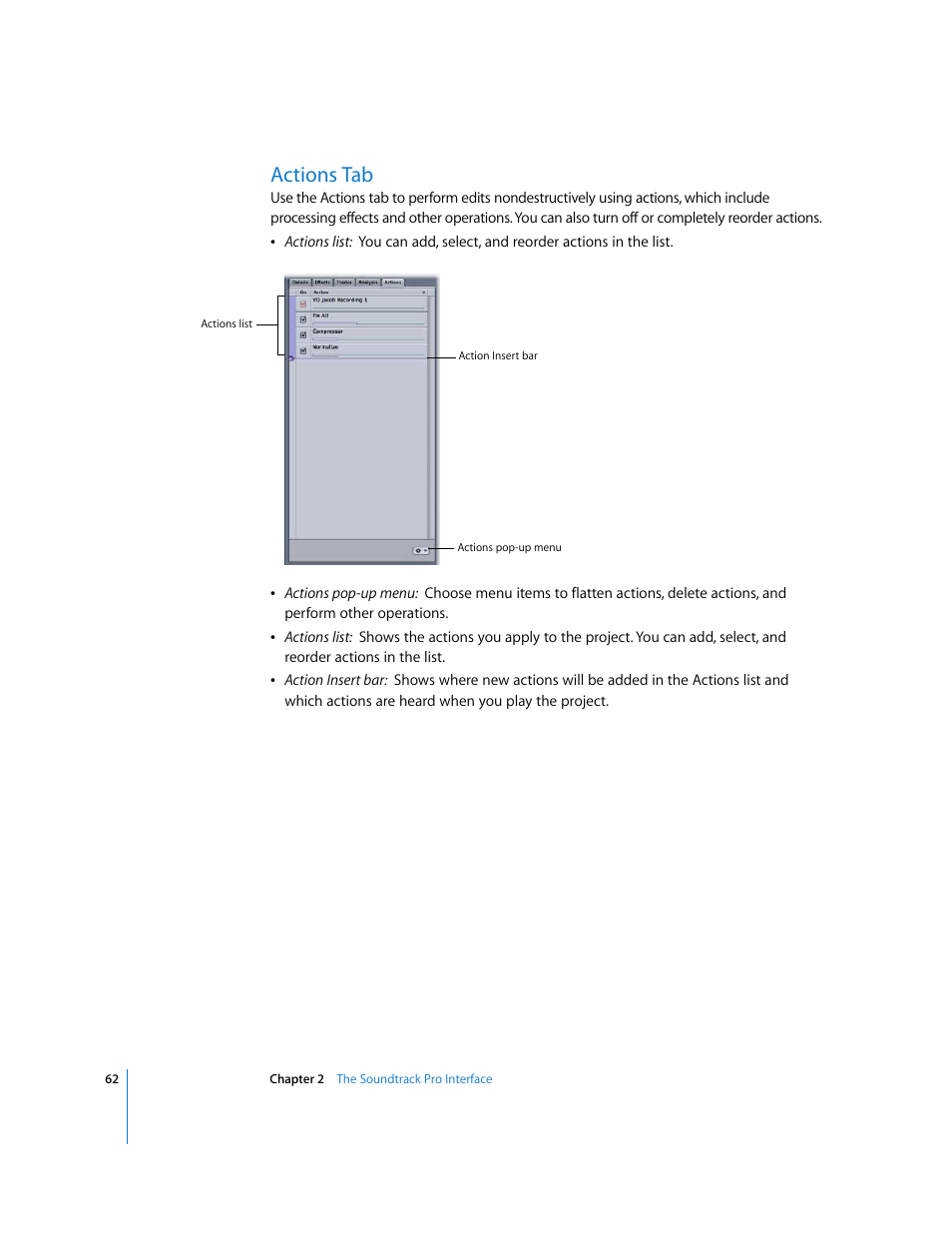 Actions tab | Apple Soundtrack Pro 2 User Manual | Page 62 / 566
