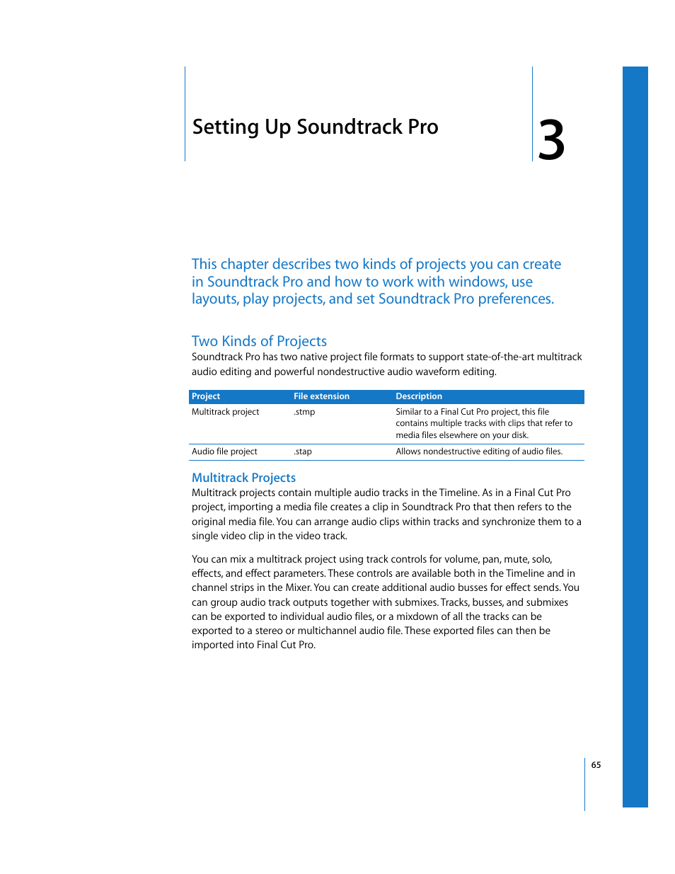 Setting upsoundtrackpro, Two kinds of projects, Multitrack projects | Chapter 3, Setting up soundtrack pro, O chapter 3 | Apple Soundtrack Pro 2 User Manual | Page 65 / 566