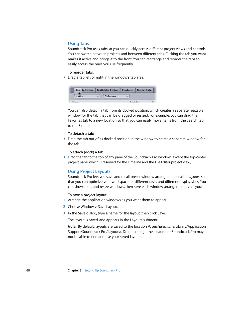 Using tabs, Using project layouts | Apple Soundtrack Pro 2 User Manual | Page 68 / 566