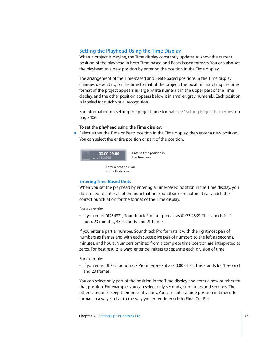 Setting the playhead using the time display | Apple Soundtrack Pro 2 User Manual | Page 73 / 566