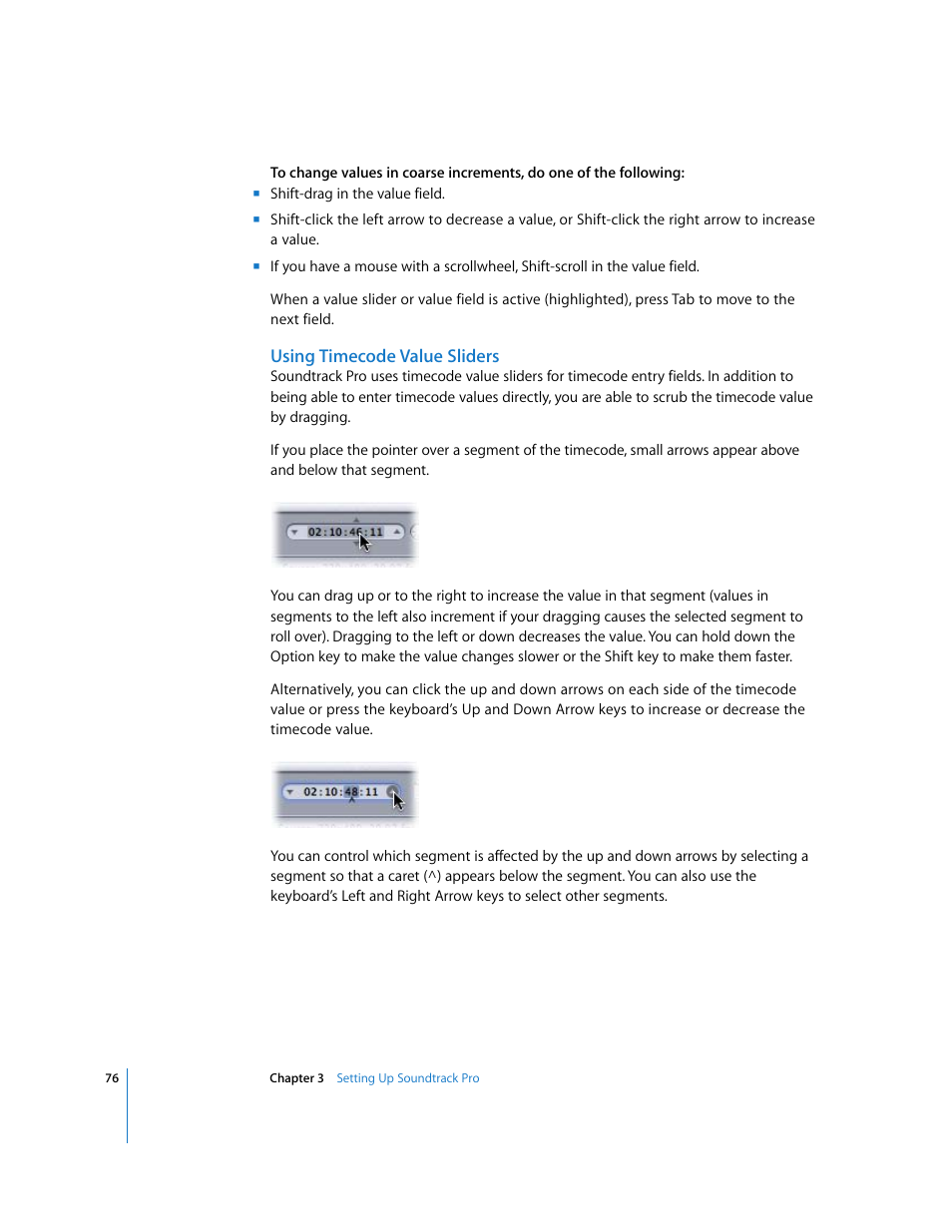 Using timecode value sliders | Apple Soundtrack Pro 2 User Manual | Page 76 / 566