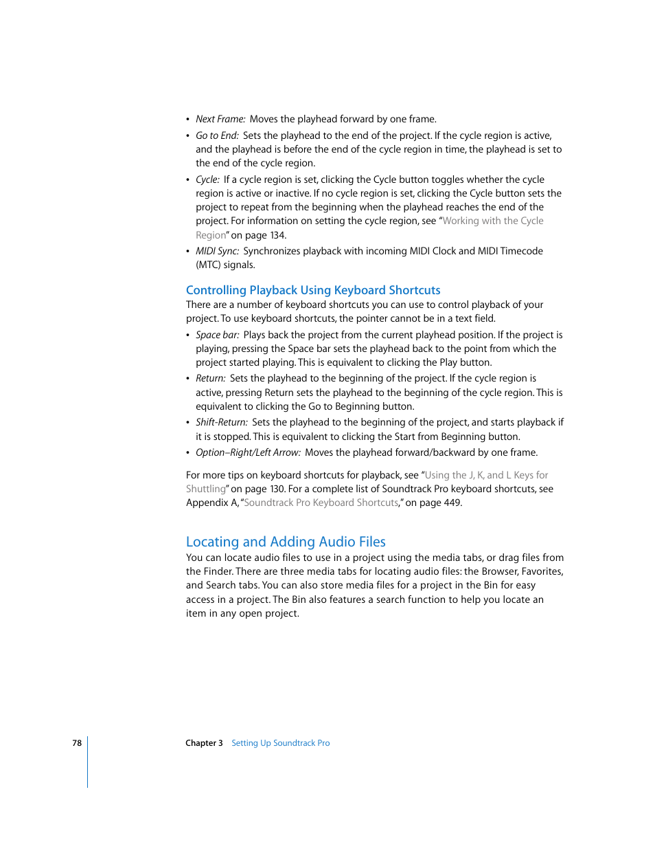 Controlling playback using keyboard shortcuts, Locating and adding audio files | Apple Soundtrack Pro 2 User Manual | Page 78 / 566