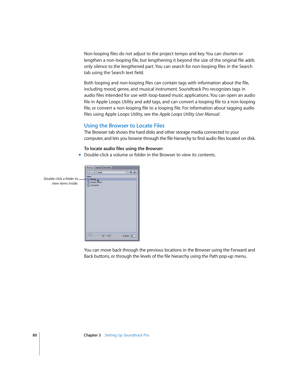 Using the browser to locate files | Apple Soundtrack Pro 2 User Manual | Page 80 / 566