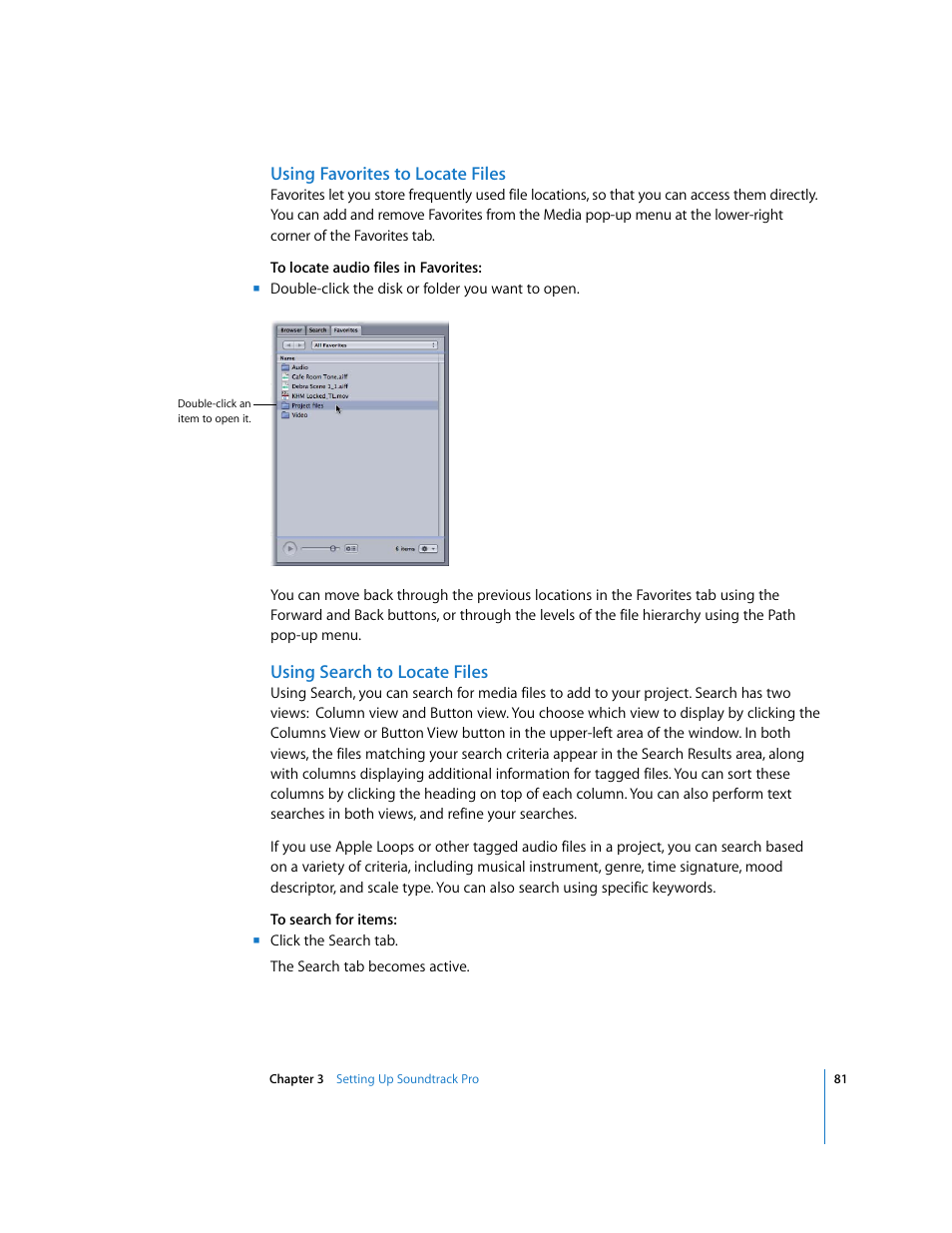 Using favorites to locate files, Using search to locate files | Apple Soundtrack Pro 2 User Manual | Page 81 / 566