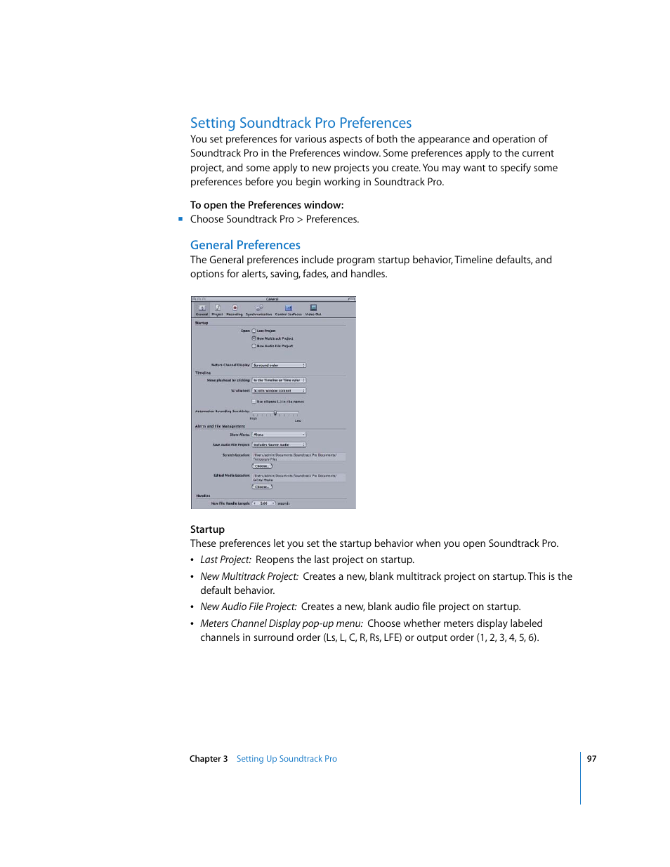 Setting soundtrackpro preferences, General preferences, Setting soundtrack pro preferences | Apple Soundtrack Pro 2 User Manual | Page 97 / 566