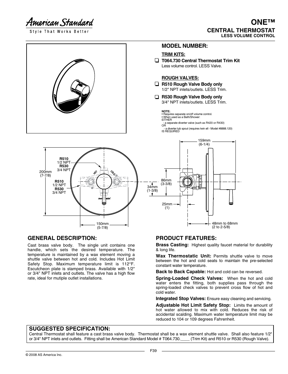 American Standard ONE T064.730 User Manual | 2 pages