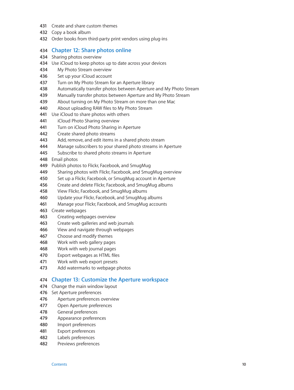 Chapter 12: share photos online, Chapter 13: customize the aperture workspace | Apple Aperture 3.5 User Manual | Page 10 / 526