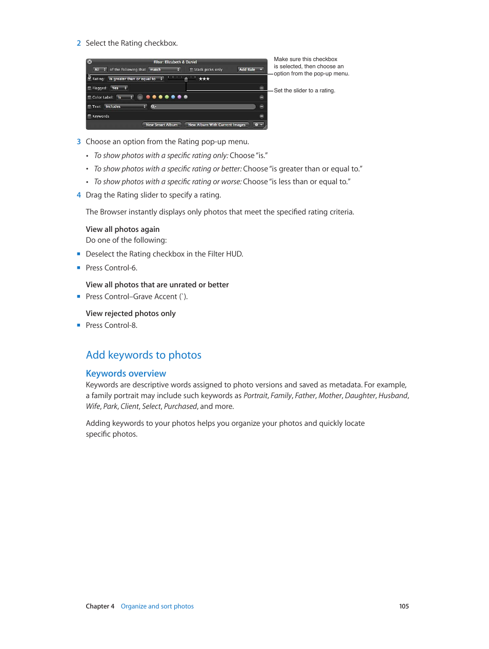 Add keywords to photos, Keywords overview, 105 add keywords to photos 105 | Apple Aperture 3.5 User Manual | Page 105 / 526