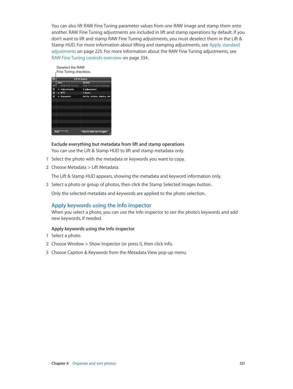 Apply keywords using the info inspector | Apple Aperture 3.5 User Manual | Page 121 / 526