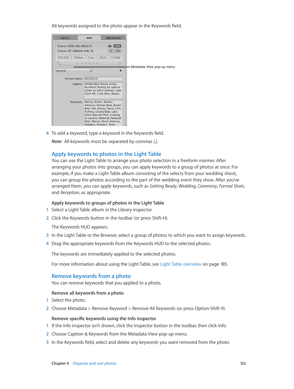 Apply keywords to photos in the light table, Remove keywords from a photo | Apple Aperture 3.5 User Manual | Page 122 / 526