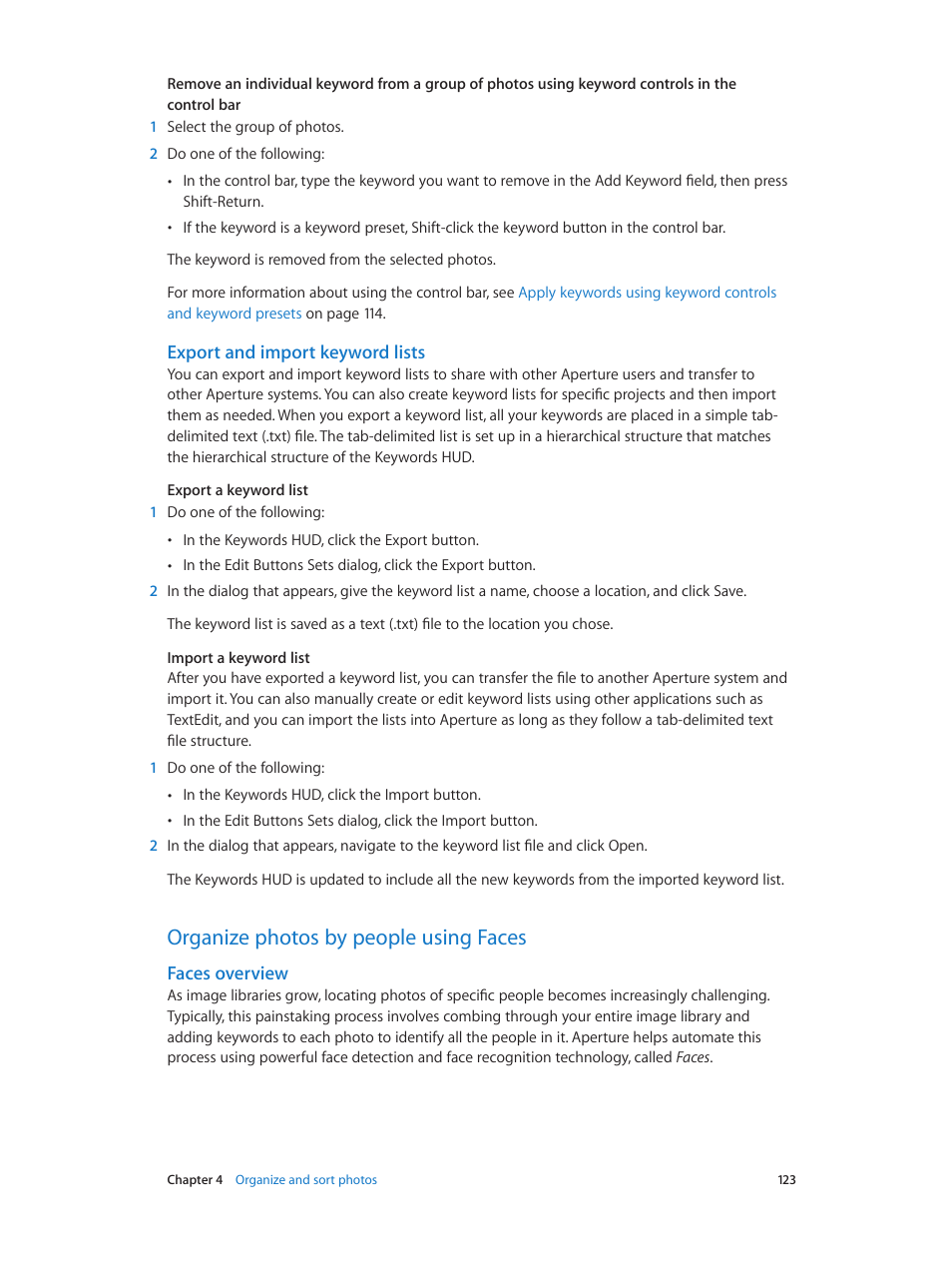 Export and import keyword lists, Organize photos by people using faces, Faces overview | 123 organize photos by people using faces 123, 123 and | Apple Aperture 3.5 User Manual | Page 123 / 526