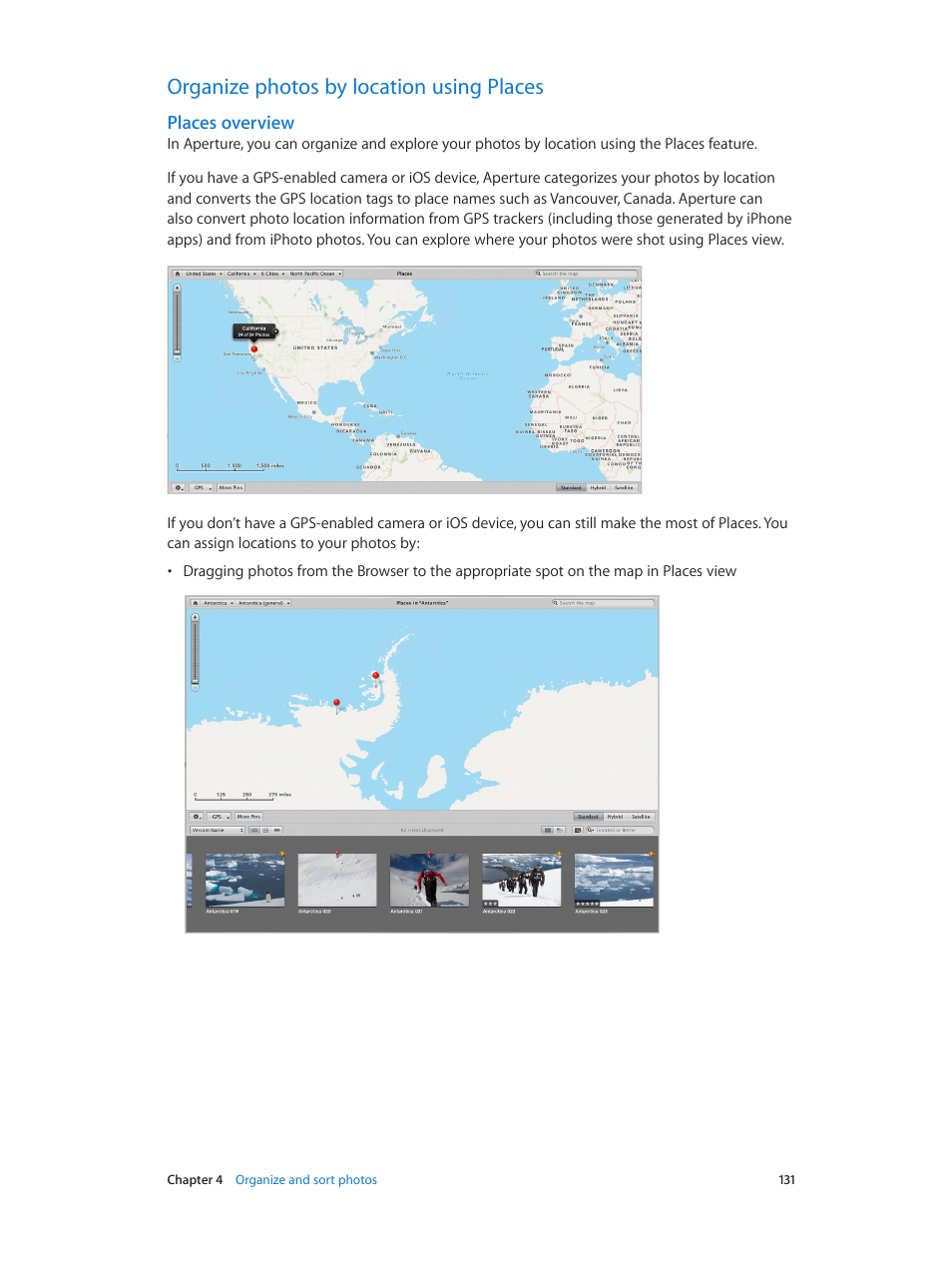 Organize photos by location using places, Places overview, 131 organize photos by location using places 131 | Apple Aperture 3.5 User Manual | Page 131 / 526