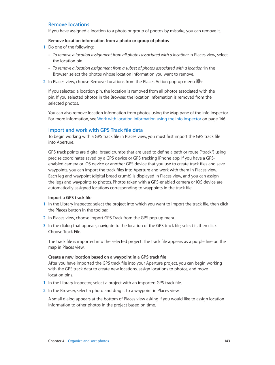 Remove locations, Import and work with gps track file data | Apple Aperture 3.5 User Manual | Page 143 / 526