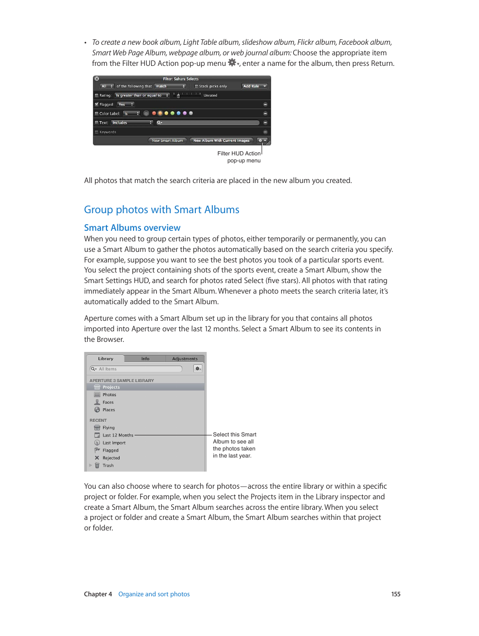 Group photos with smart albums, Smart albums overview, 155 group photos with smart albums 155 | Group photos, With smart albums | Apple Aperture 3.5 User Manual | Page 155 / 526