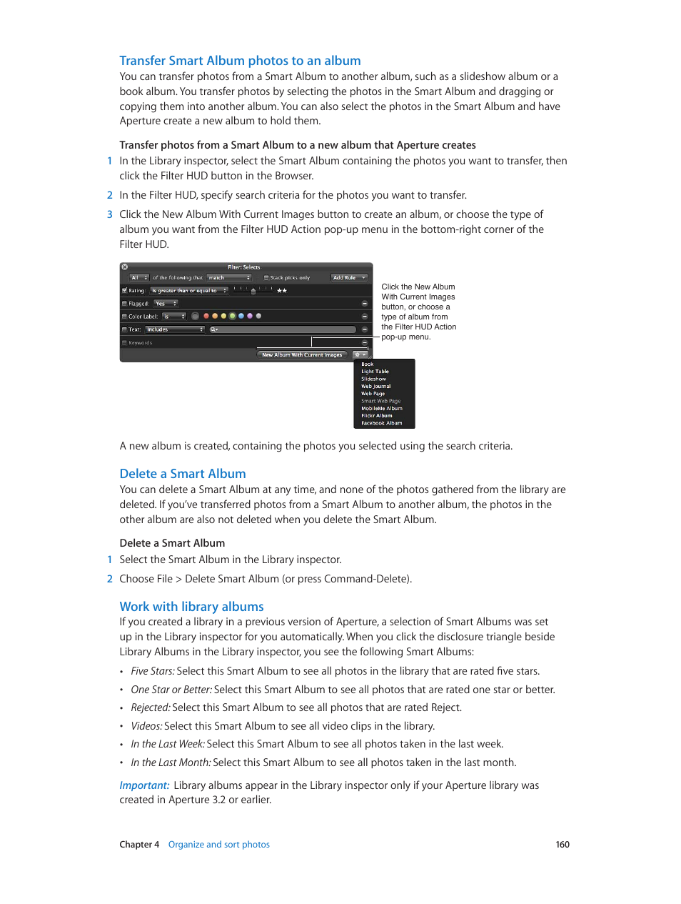 Transfer smart album photos to an album, Delete a smart album, Work with library albums | Apple Aperture 3.5 User Manual | Page 160 / 526