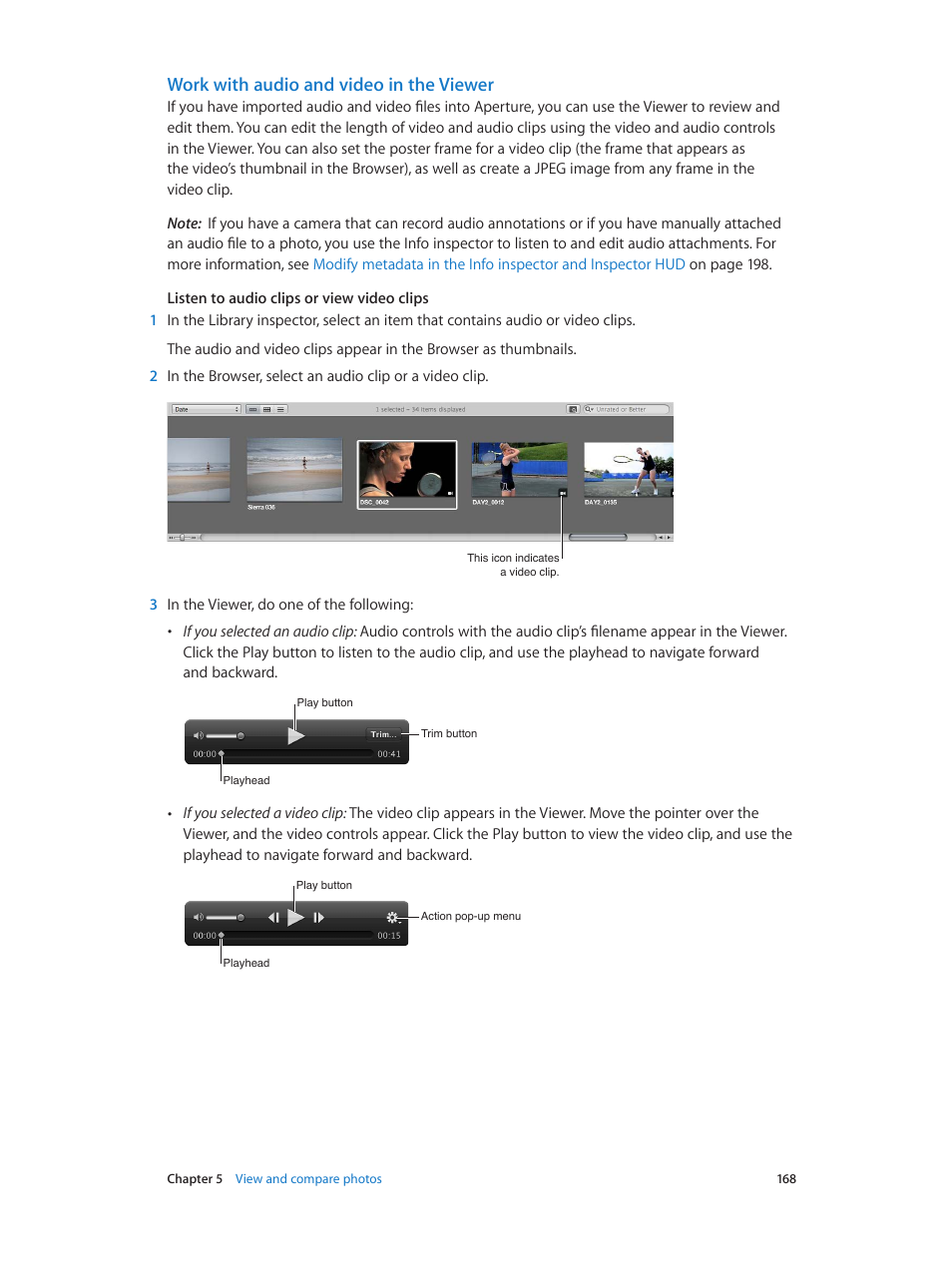 Work with audio and video in the viewer | Apple Aperture 3.5 User Manual | Page 168 / 526