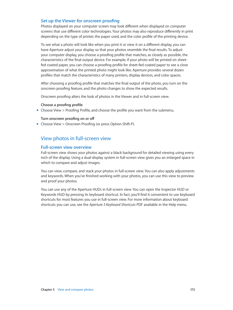 Set up the viewer for onscreen proofing, View photos in full-screen view, Full-screen view overview | 172 view photos in full-screen view 172 | Apple Aperture 3.5 User Manual | Page 172 / 526