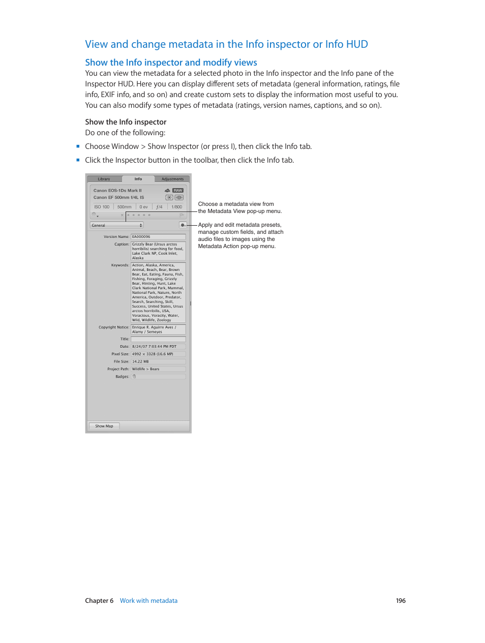 Show the info inspector and modify views | Apple Aperture 3.5 User Manual | Page 196 / 526