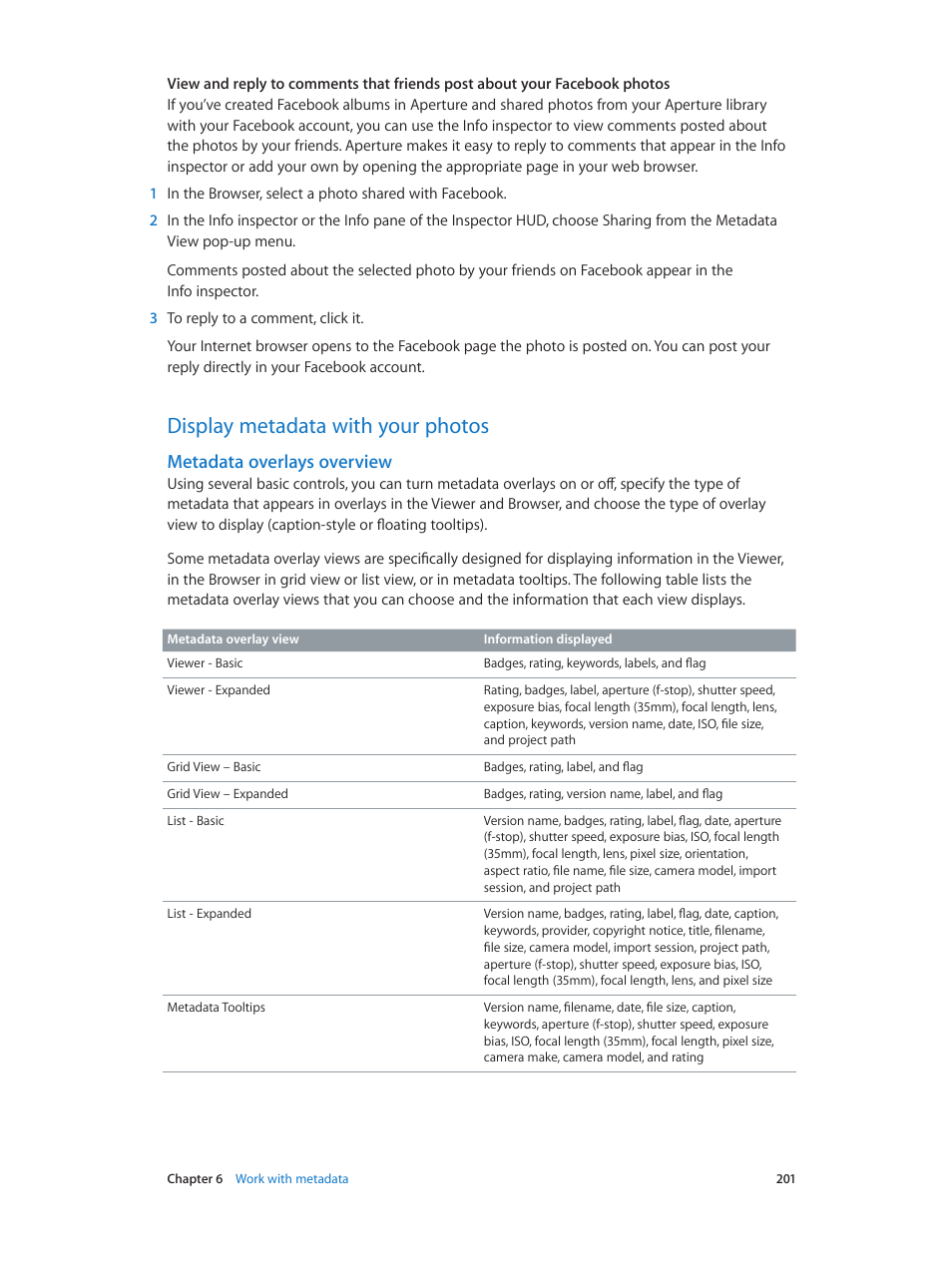 Display metadata with your photos, Metadata overlays overview, 201 display metadata with your photos 201 | Metadata overlays, Overview | Apple Aperture 3.5 User Manual | Page 201 / 526