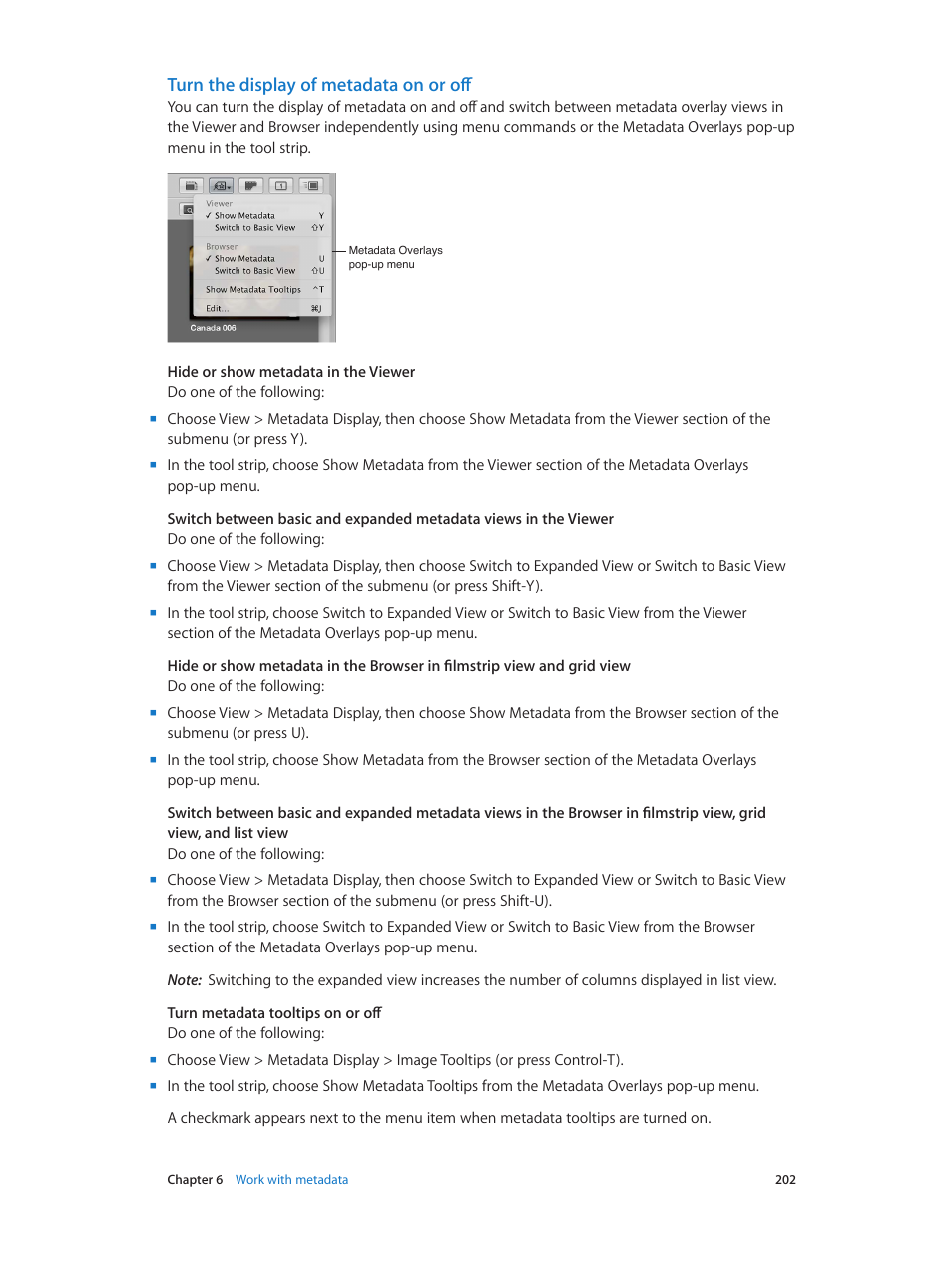 Turn the display of metadata on or off | Apple Aperture 3.5 User Manual | Page 202 / 526