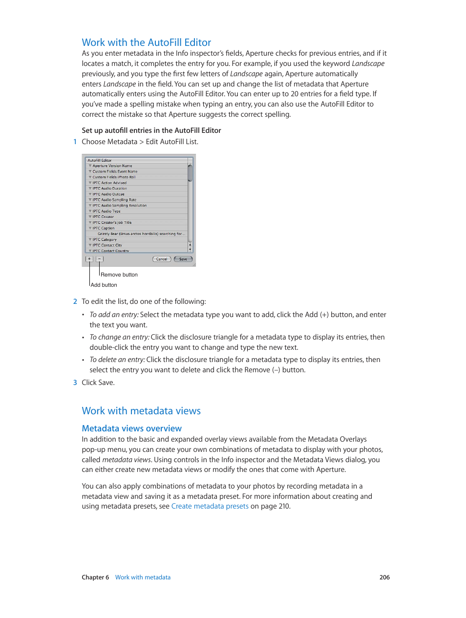 Work with the autofill editor, Work with metadata views, Metadata views overview | Apple Aperture 3.5 User Manual | Page 206 / 526