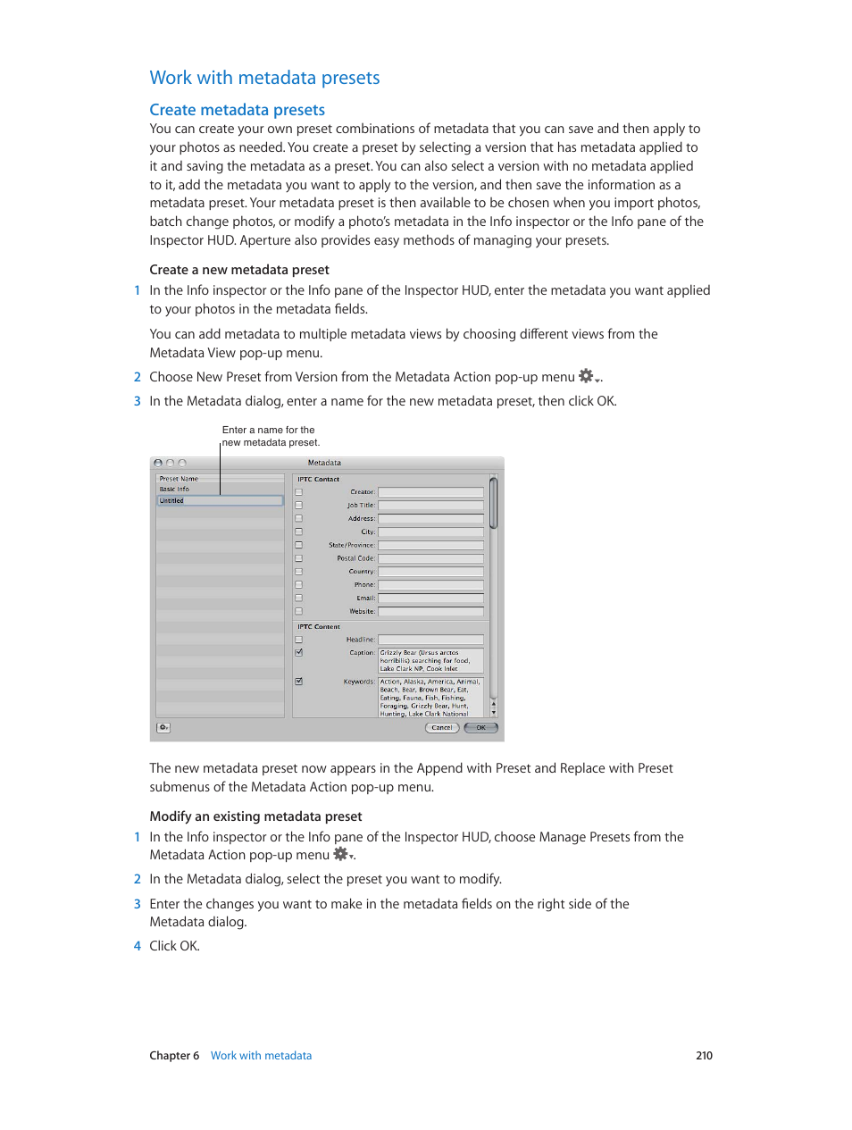 Work with metadata presets, Create metadata presets, 210 work with metadata presets 210 | Create metadata, Presets | Apple Aperture 3.5 User Manual | Page 210 / 526