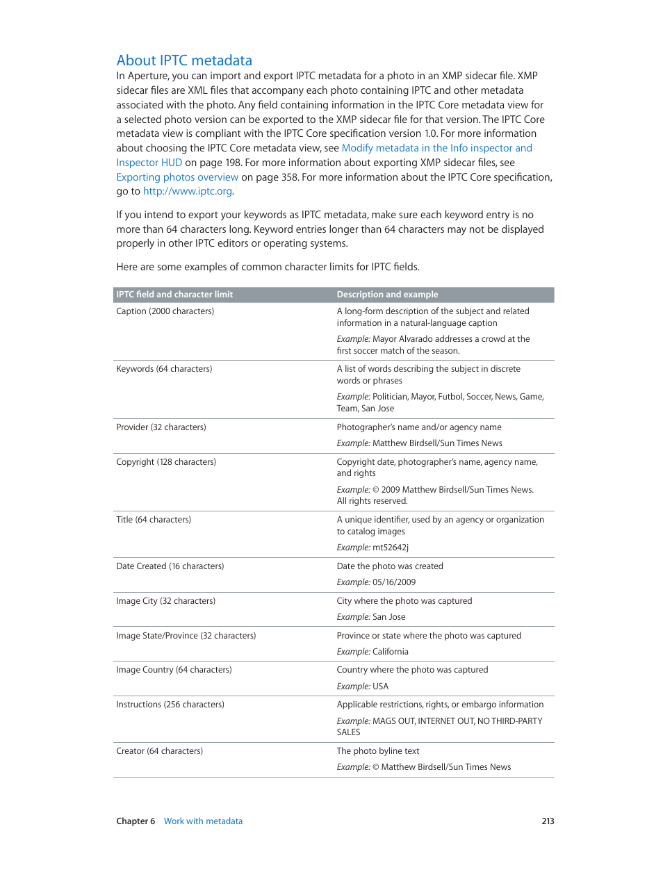 About iptc metadata, 213 about iptc metadata | Apple Aperture 3.5 User Manual | Page 213 / 526