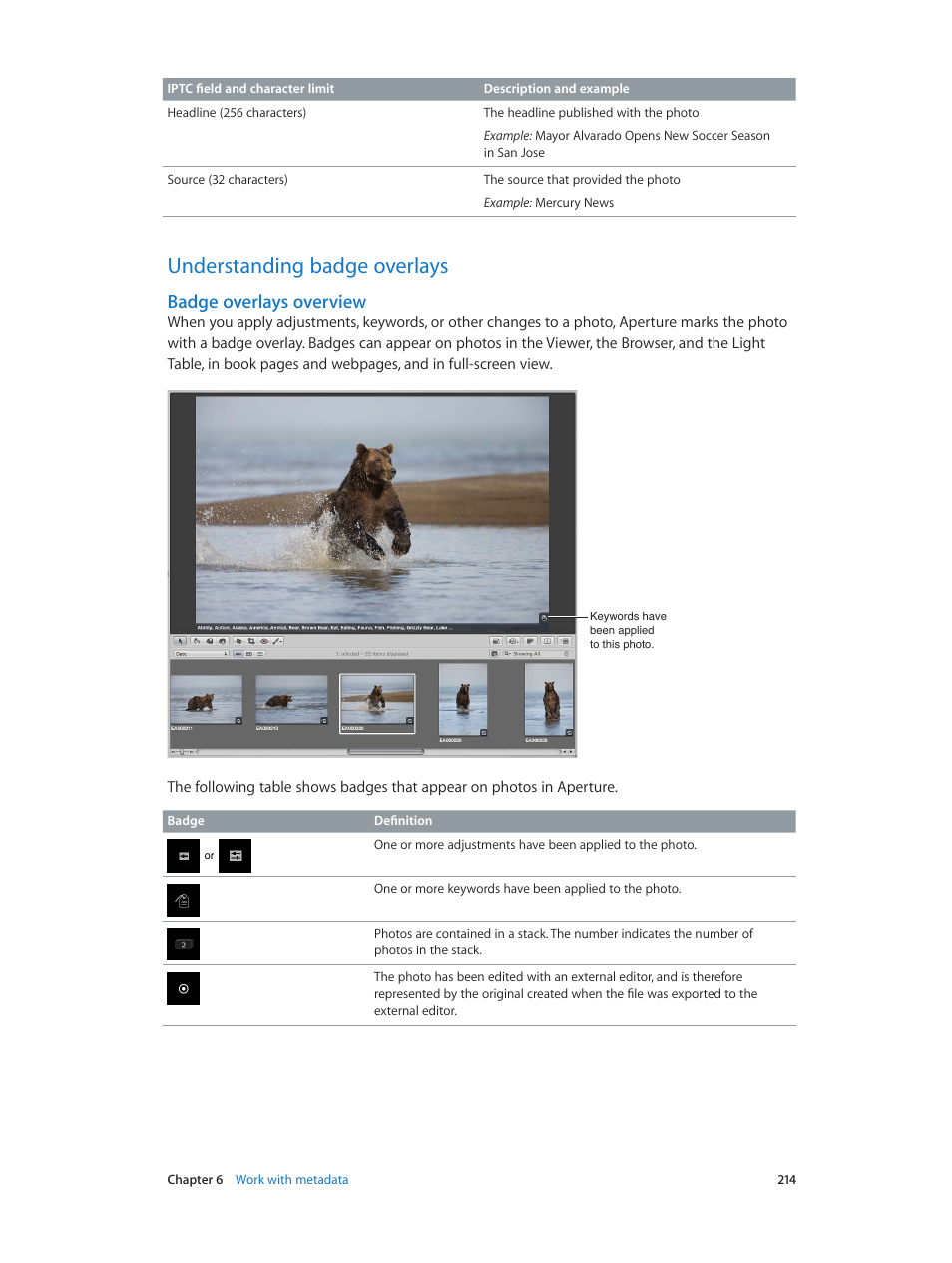 Understanding badge overlays, Badge overlays overview, 214 understanding badge overlays 214 | Apple Aperture 3.5 User Manual | Page 214 / 526