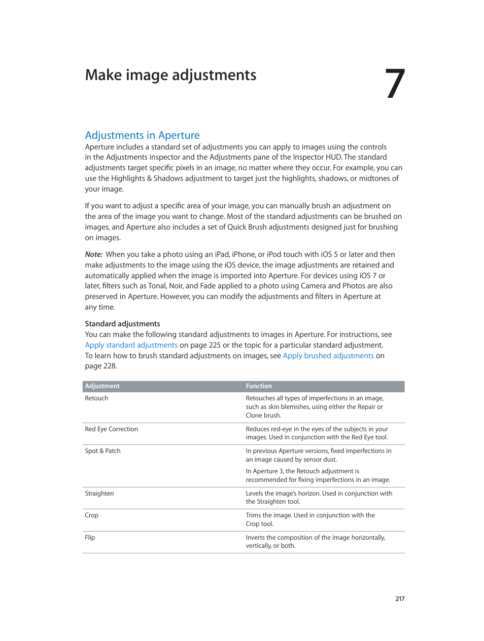 Chapter 7: make image adjustments, Adjustments in aperture, 217 adjustments in aperture | Make image adjustments | Apple Aperture 3.5 User Manual | Page 217 / 526