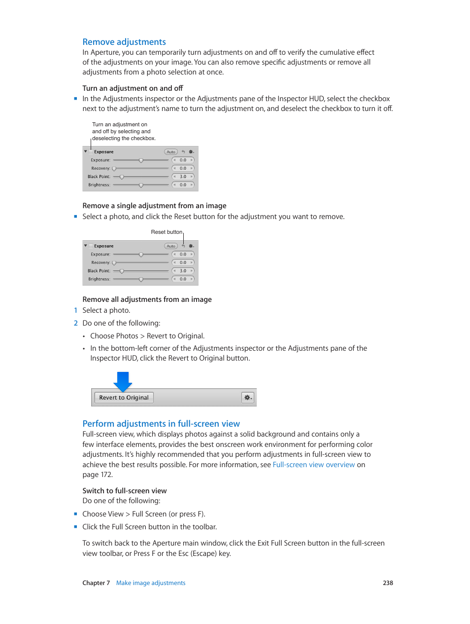 Remove adjustments, Perform adjustments in full-screen view | Apple Aperture 3.5 User Manual | Page 238 / 526