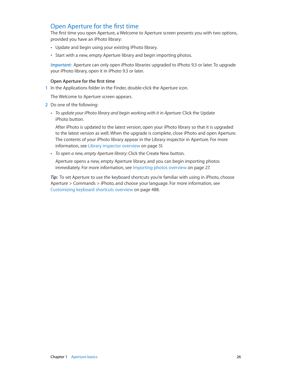 Open aperture for the first time, 26 open aperture for the first time | Apple Aperture 3.5 User Manual | Page 26 / 526