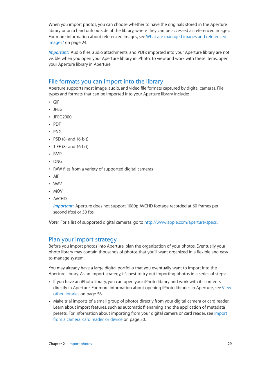 File formats you can import into the library, Plan your import strategy | Apple Aperture 3.5 User Manual | Page 29 / 526