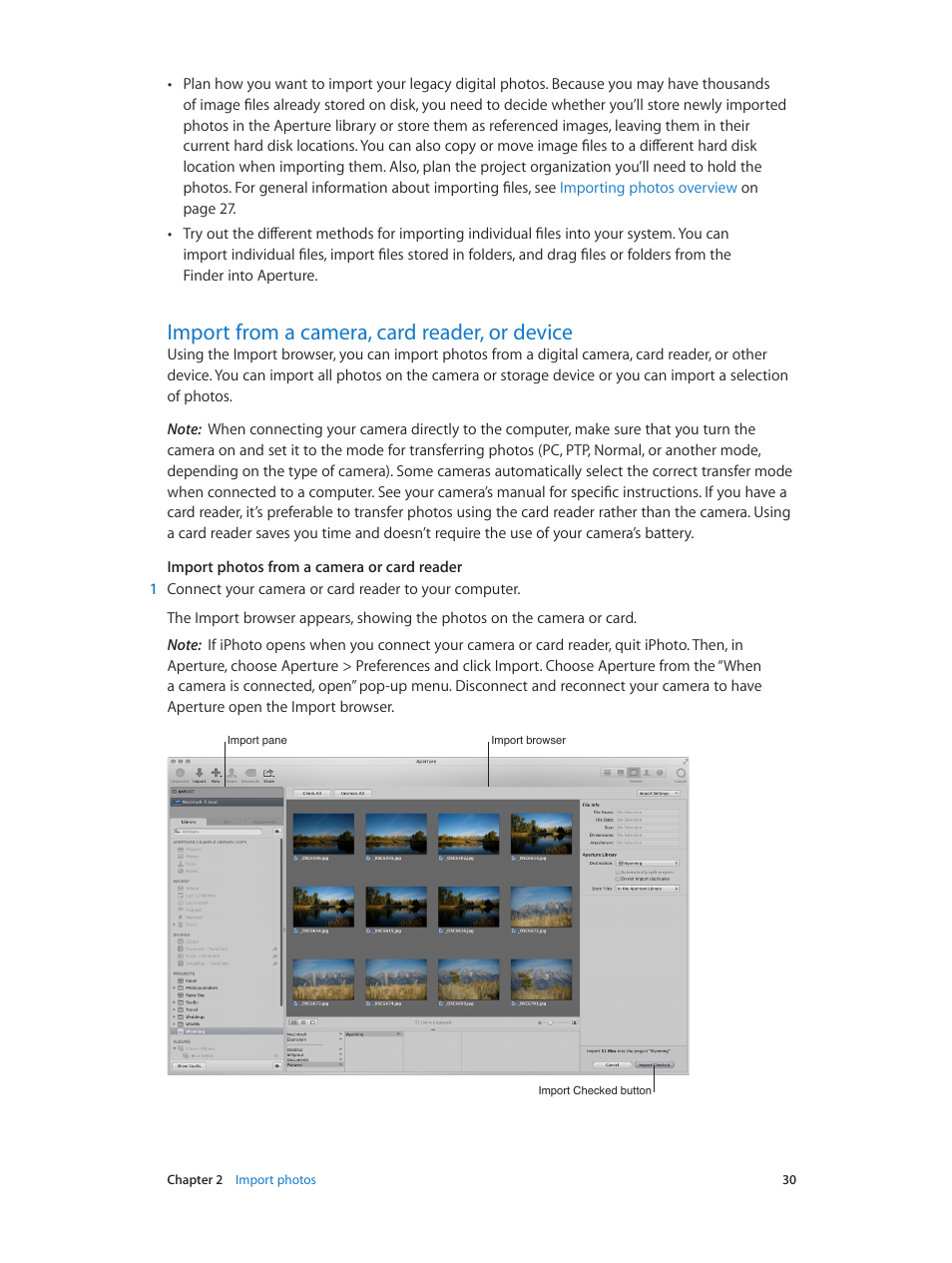 Import from a camera, card reader, or device, 30 import from a camera, card reader, or device, Import | From a camera, card reader, or device | Apple Aperture 3.5 User Manual | Page 30 / 526