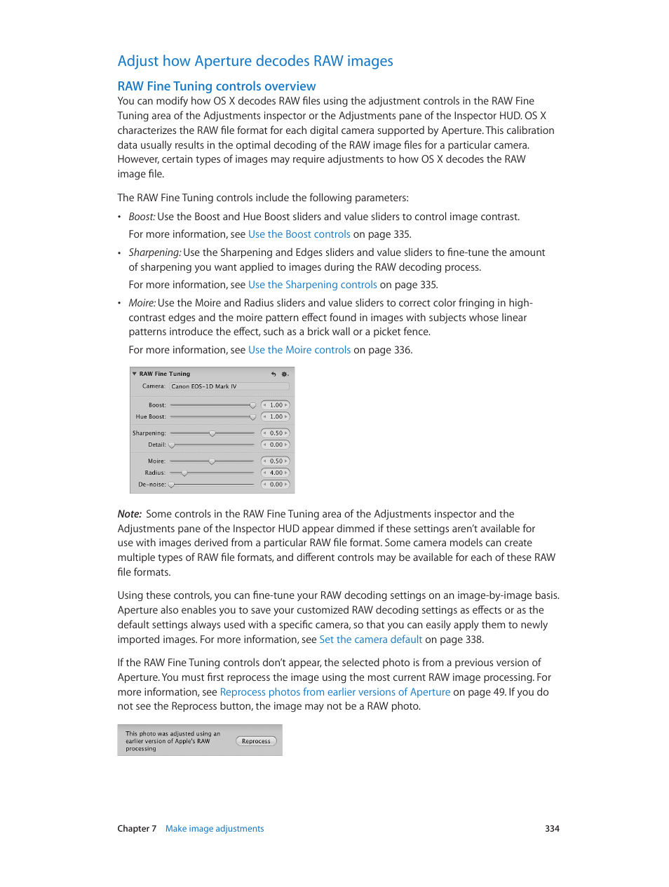 Adjust how aperture decodes raw images, Raw fine tuning controls overview, 334 adjust how aperture decodes raw images 334 | Raw fine tuning, Controls overview | Apple Aperture 3.5 User Manual | Page 334 / 526