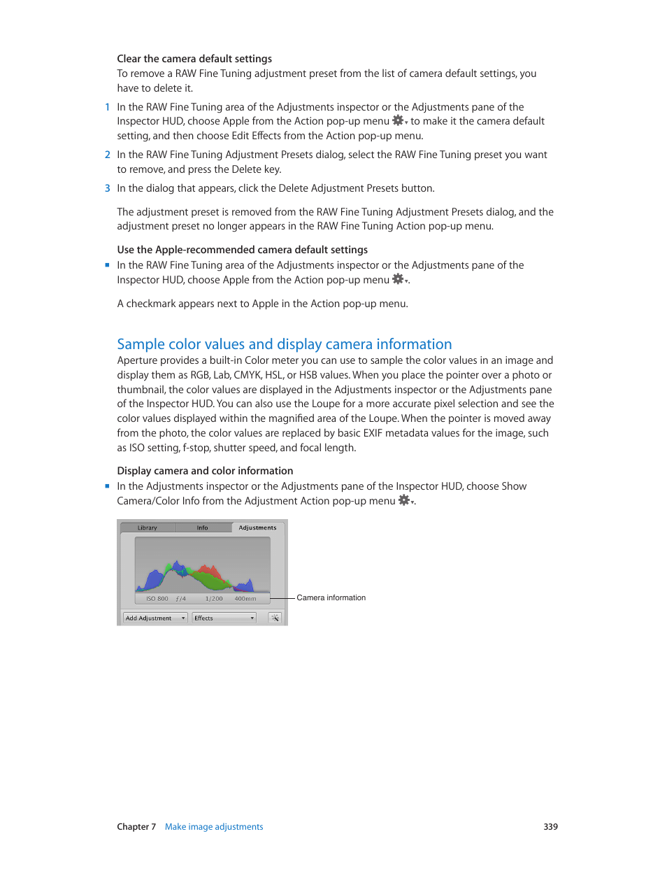Sample color values and display camera information, Sample color values and, Display camera information | Apple Aperture 3.5 User Manual | Page 339 / 526