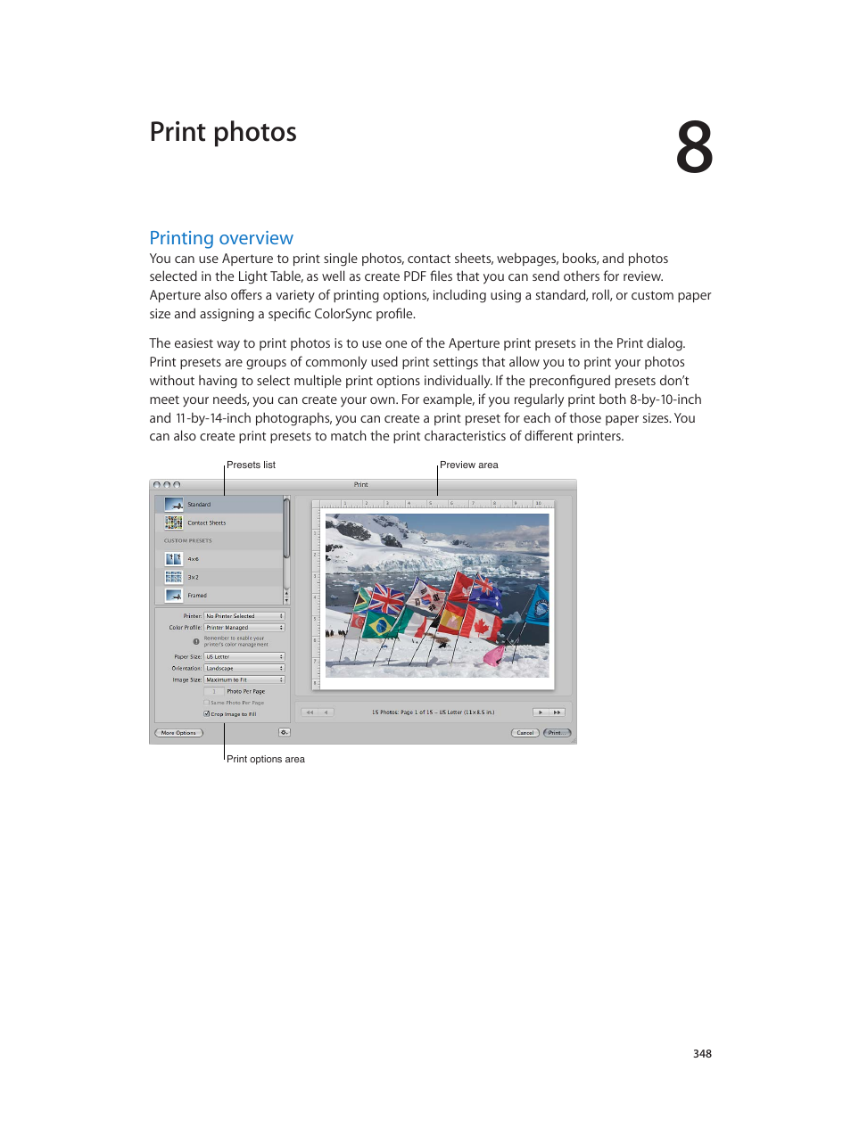Chapter 8: print photos, Printing overview, 348 printing overview | Print photos | Apple Aperture 3.5 User Manual | Page 348 / 526