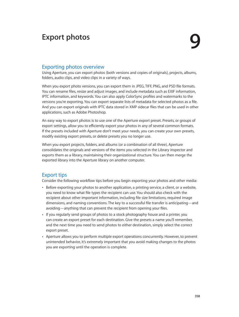 Chapter 9: export photos, Exporting photos overview, Export tips | 358 exporting photos overview 358 export tips, Export photos | Apple Aperture 3.5 User Manual | Page 358 / 526
