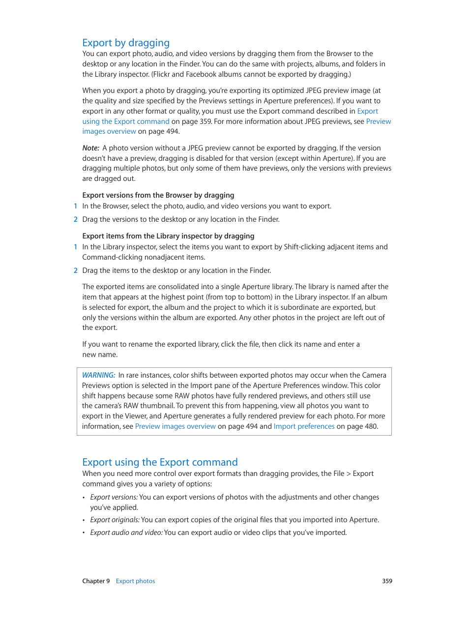 Export by dragging, Export using the export command | Apple Aperture 3.5 User Manual | Page 359 / 526