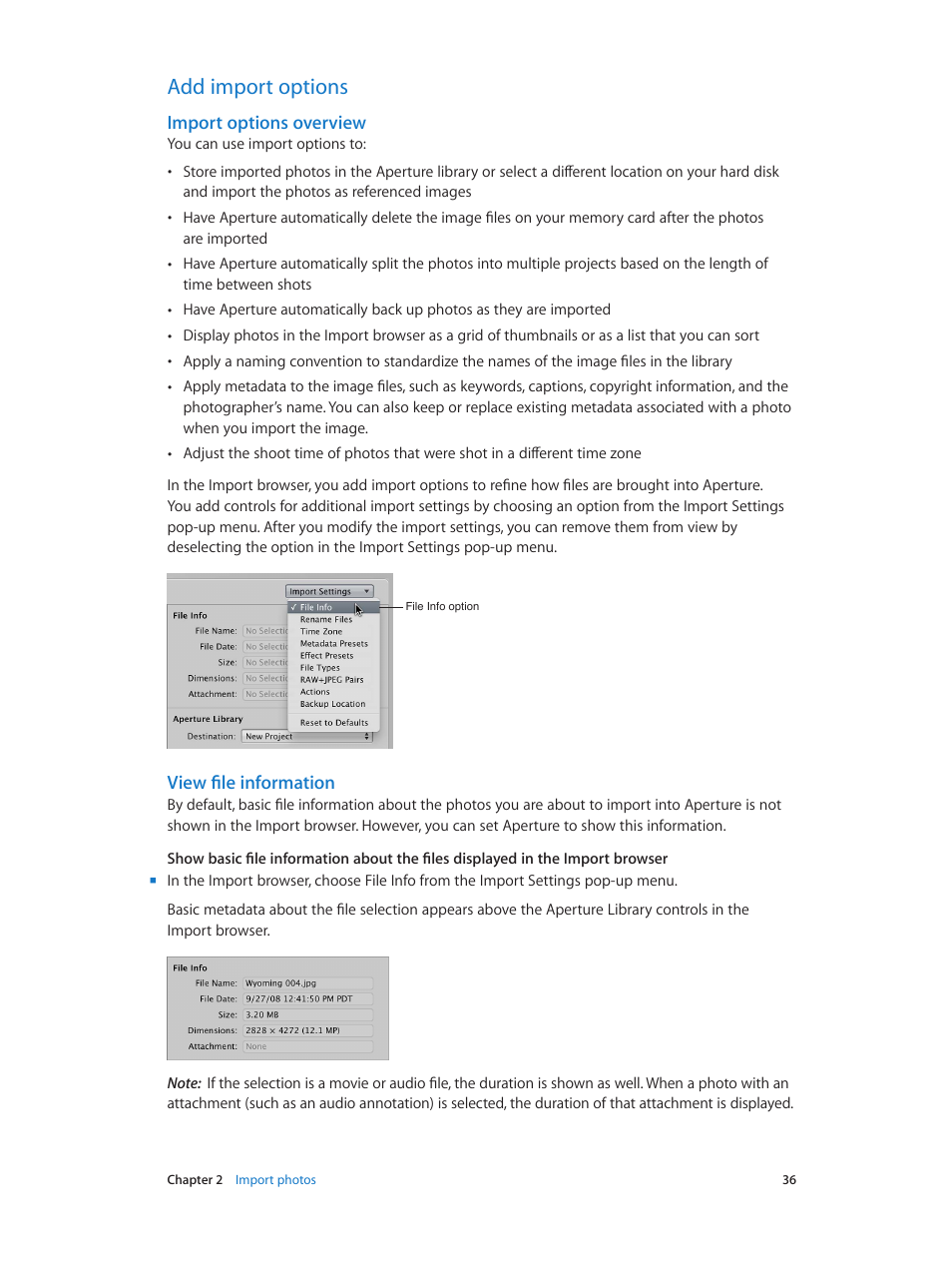 Add import options, Import options overview, View file information | 36 add import options 36 | Apple Aperture 3.5 User Manual | Page 36 / 526