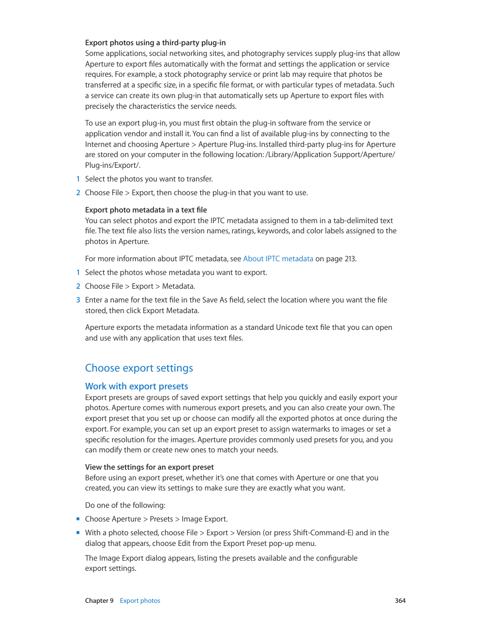 Choose export settings, Work with export presets, 364 choose export settings 364 | Apple Aperture 3.5 User Manual | Page 364 / 526