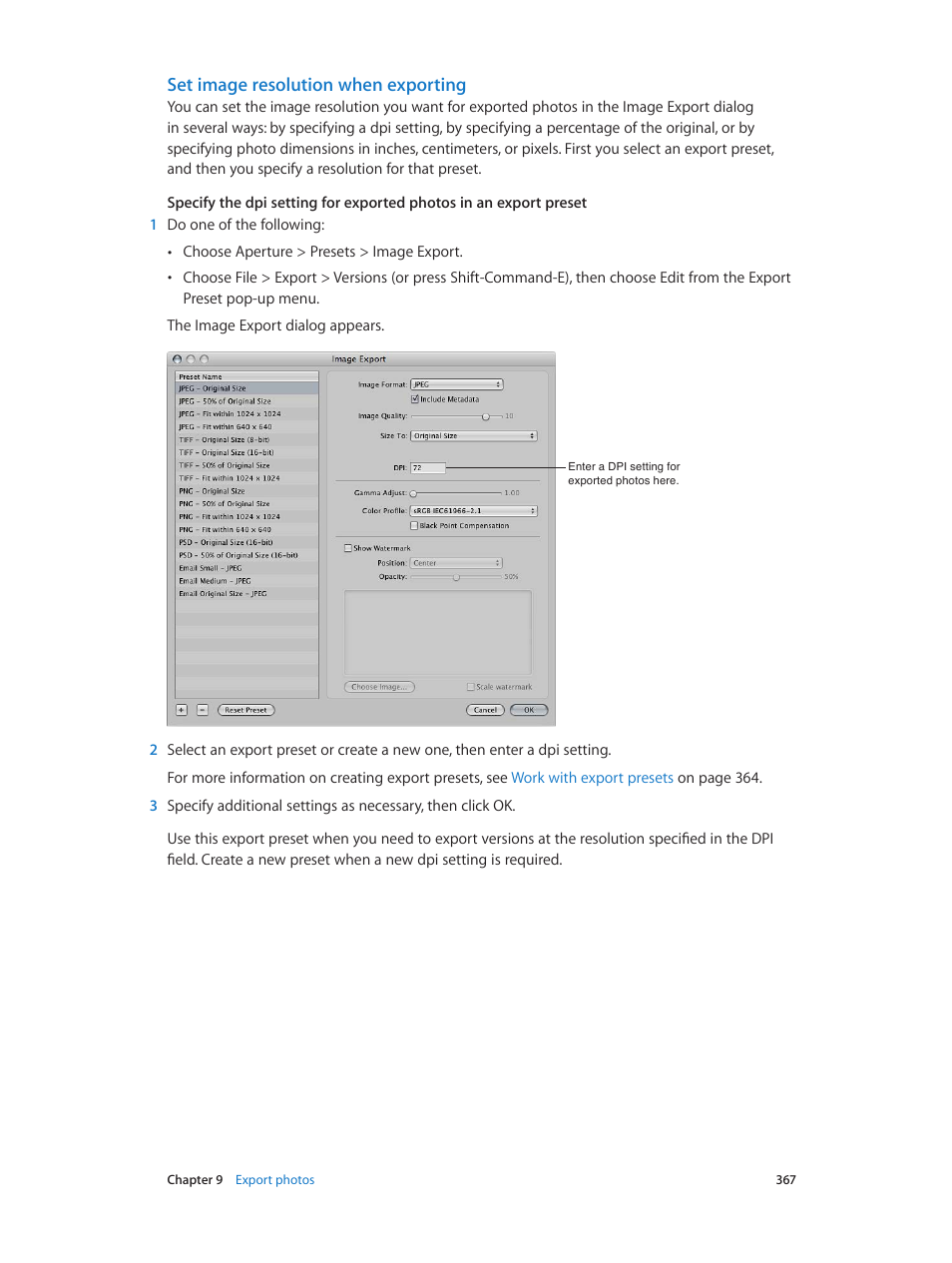 Set image resolution when exporting | Apple Aperture 3.5 User Manual | Page 367 / 526