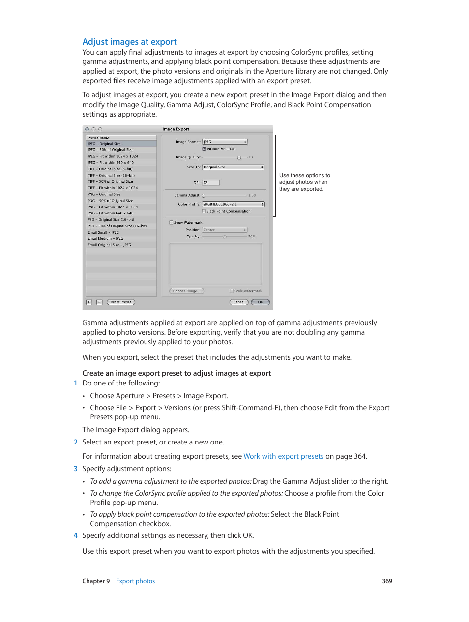 Adjust images at export | Apple Aperture 3.5 User Manual | Page 369 / 526