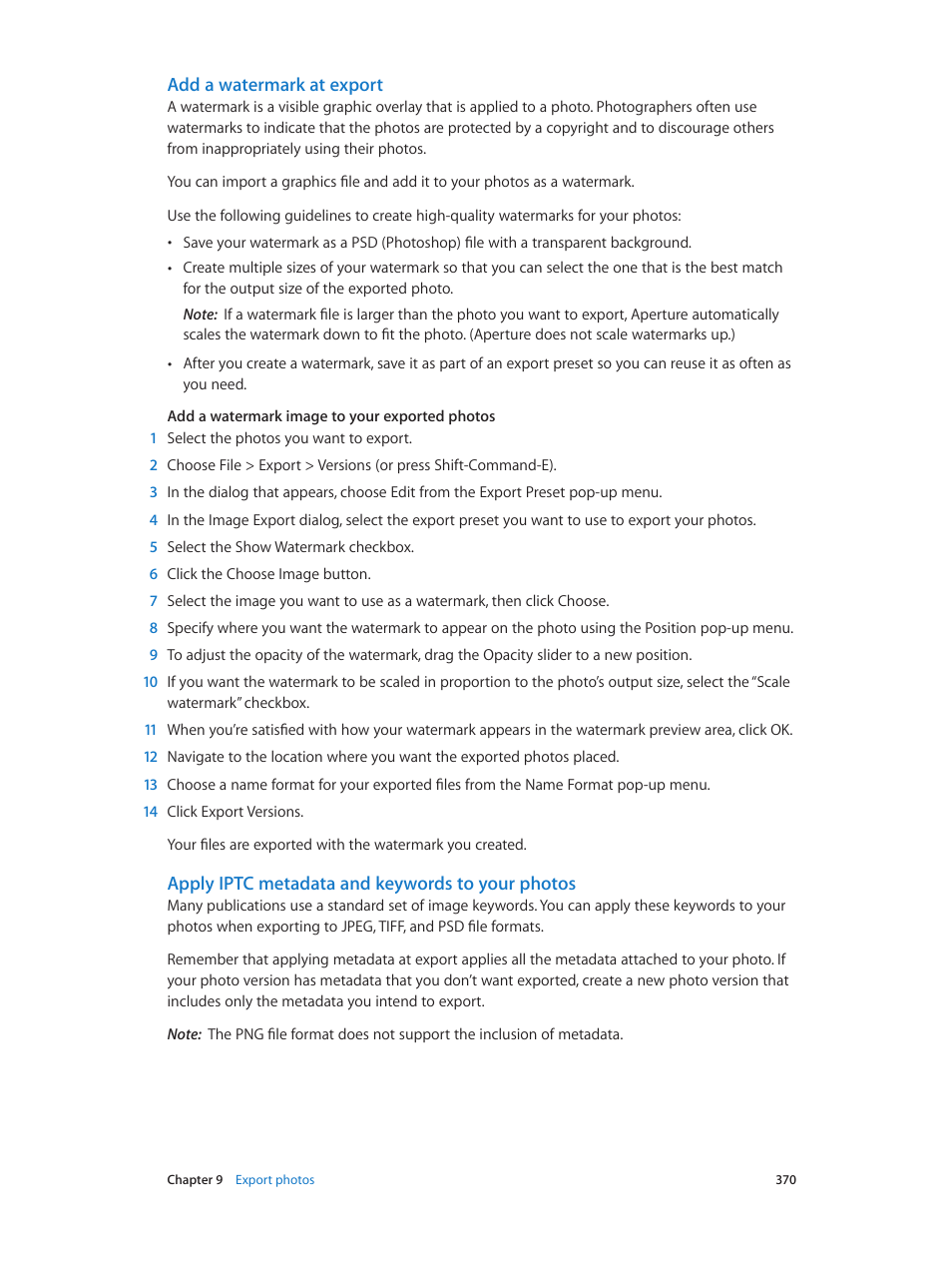 Add a watermark at export, Apply iptc metadata and keywords to your photos, Apply iptc | Metadata and keywords to your photos | Apple Aperture 3.5 User Manual | Page 370 / 526