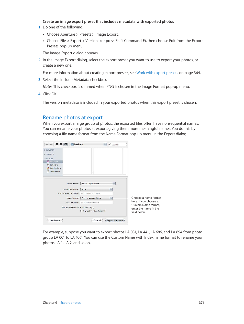 Rename photos at export, 371 rename photos at export, Rename photos at | Export | Apple Aperture 3.5 User Manual | Page 371 / 526