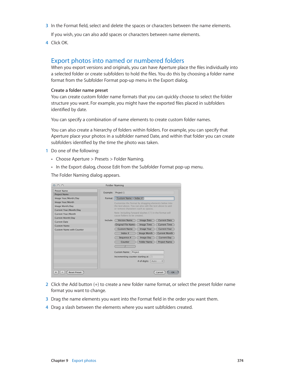 Export photos into named or numbered folders, 374 export photos into named or numbered folders, Export | Photos into named or numbered folders | Apple Aperture 3.5 User Manual | Page 374 / 526